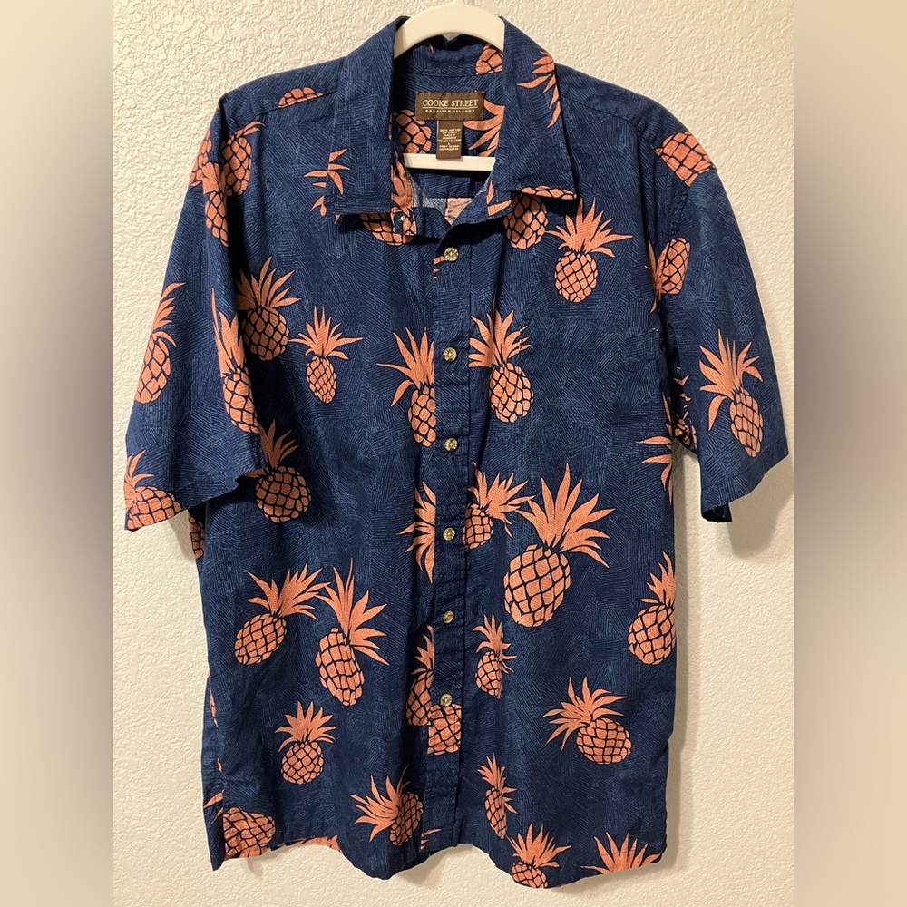 Cooke Street Honolulu Hawaiian Navy Blue and Pineapple Collared Shirt